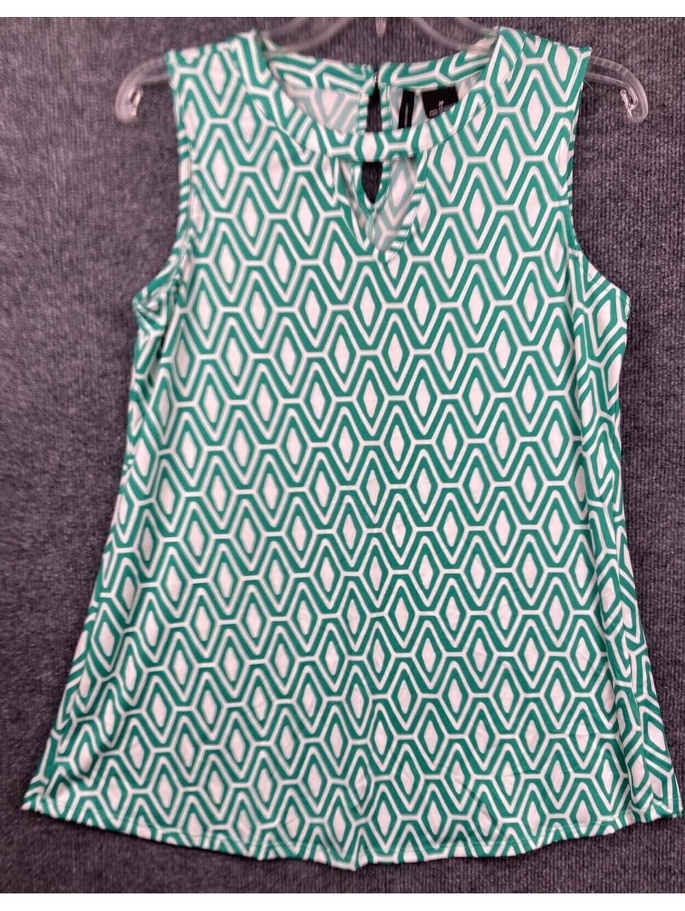 New Directions Womens Size Medium Green & White Print Flowy Sleeveless Tunic Top